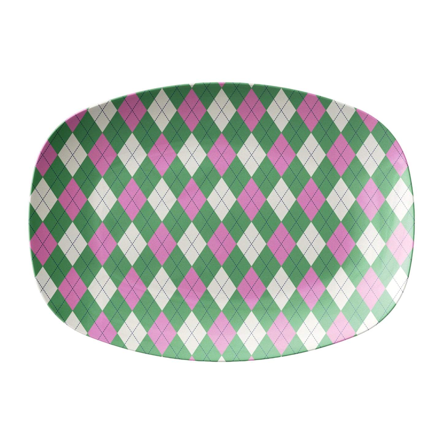 Oval serving platter with an argyle diamond motif pattern in pink, green and cream.