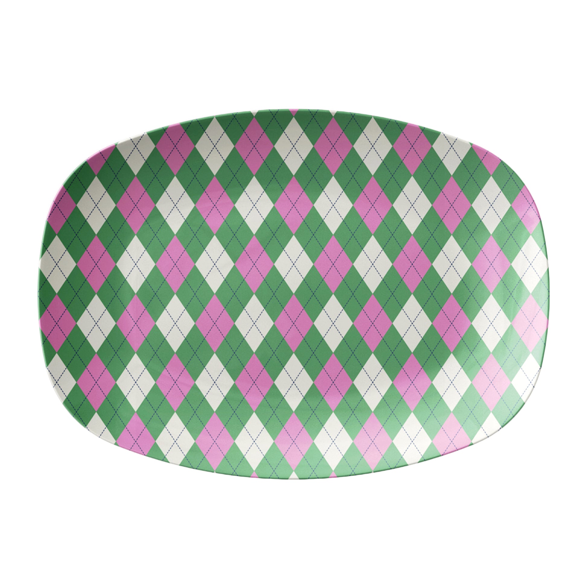 Oval serving platter with an argyle diamond motif pattern in pink, green and cream.