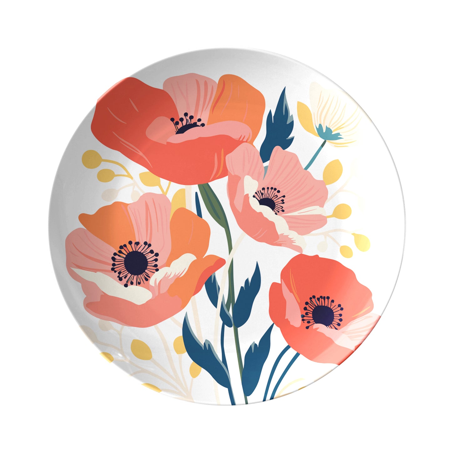 Round plate with colorful red and pink poppy floral design on a white background