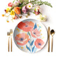 Poppy flower print floral plate with cutlery and flowers on a white background