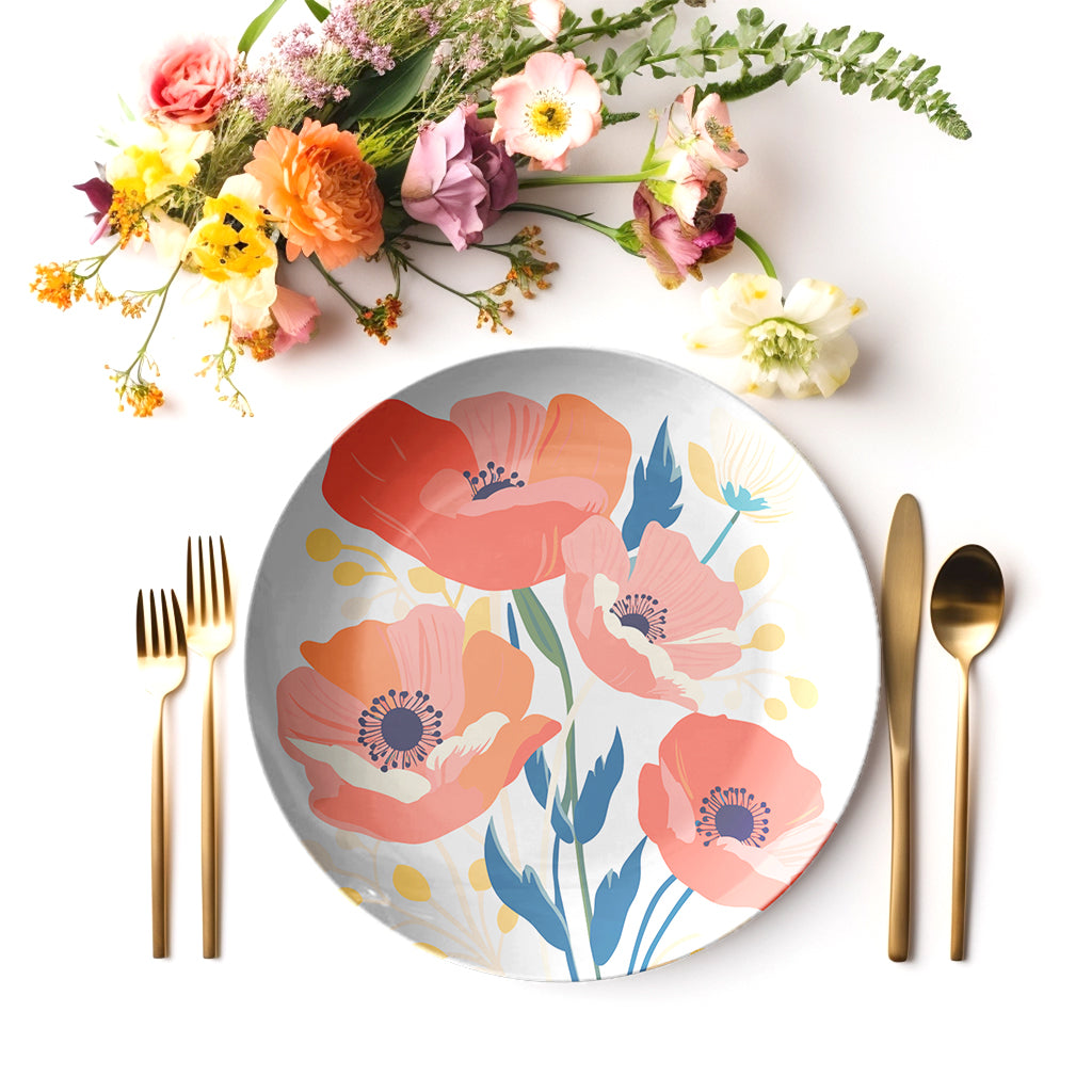 Poppy flower print floral plate with cutlery and flowers on a white background