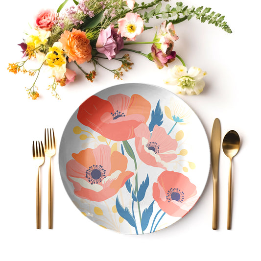 Poppy flower print floral plate with cutlery and flowers on a white background
