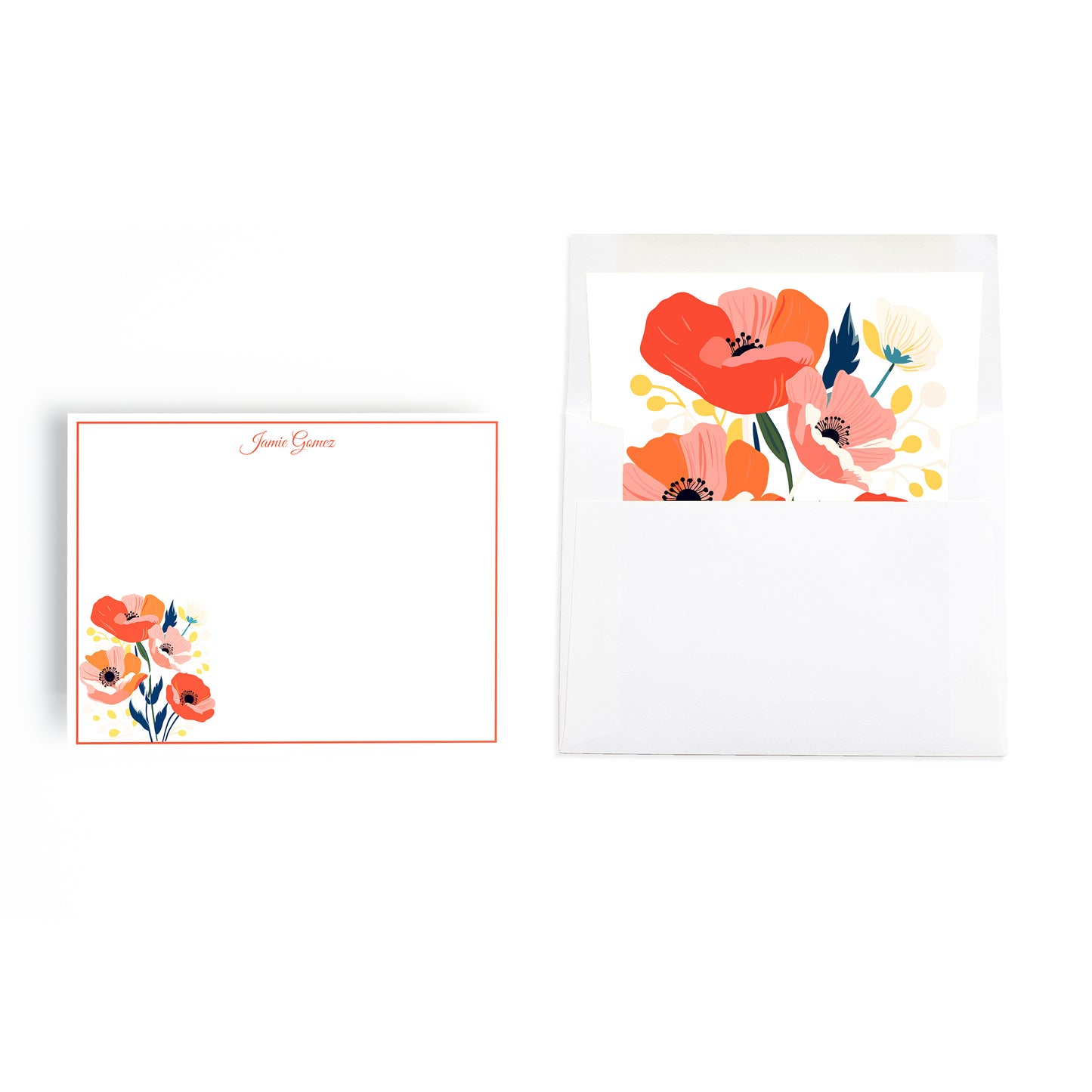 Red poppies print notecard and lined envelope set with custom name