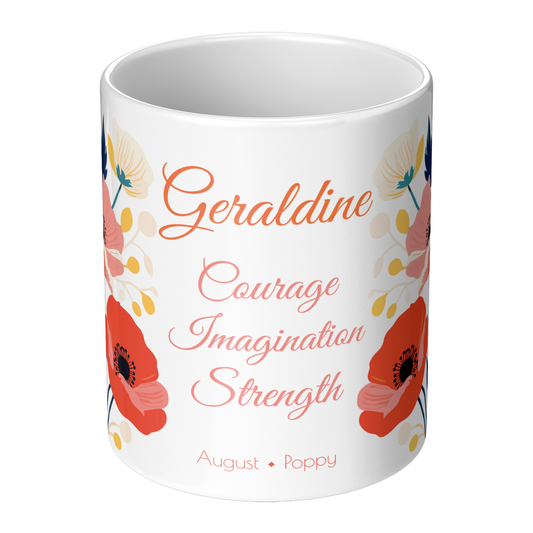 White mug with floral design and text on a white background