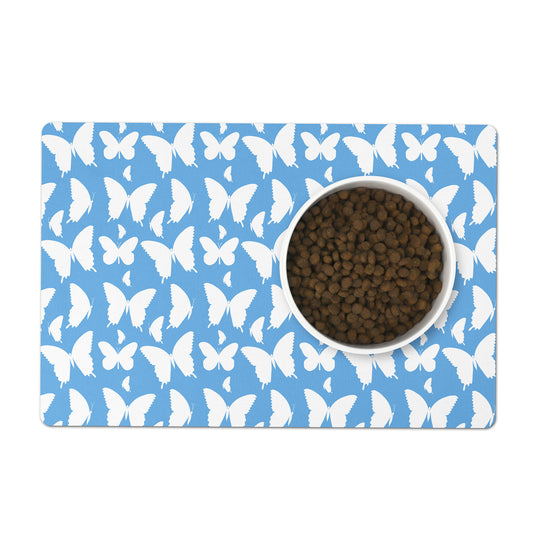 Sky blue and white butterfly dog food bowl mat.