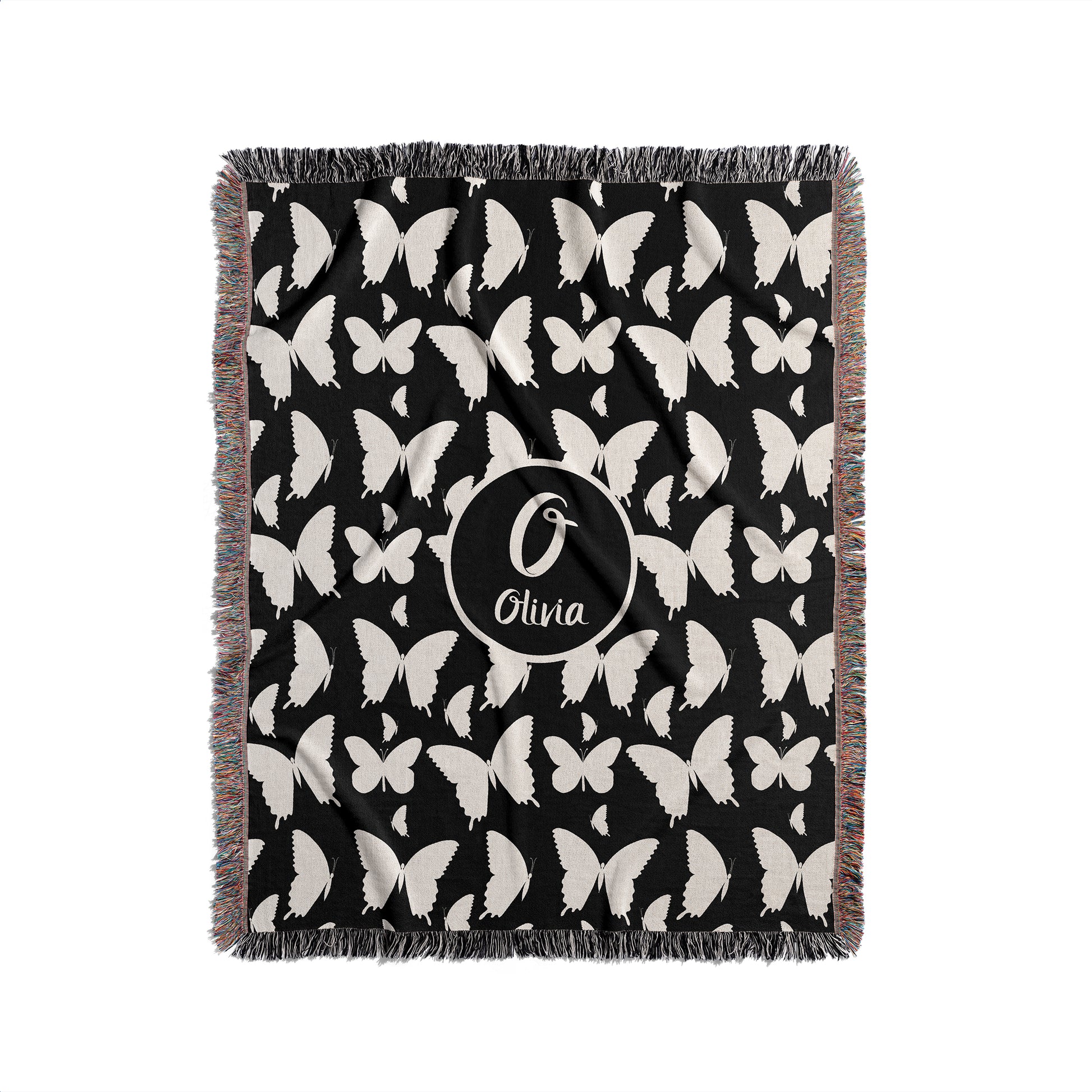 Custom woven black and cream blankets and throws with stylish butterfly pattern, personalized with monogram initials, a name, or warm message, make the perfect one-of-a-kind gift.