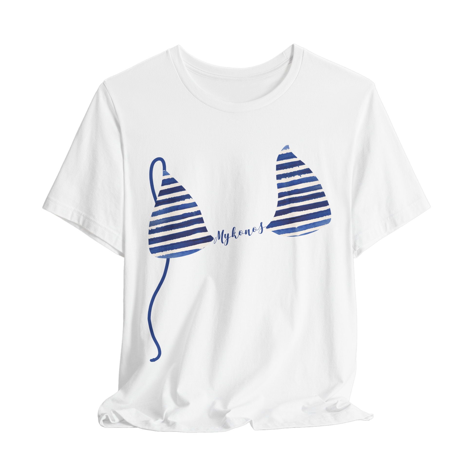 White graphic t-shirt with blue and white striped bikini top design with custom name on a white background