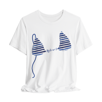 White graphic t-shirt with blue and white striped bikini top design with custom name on a white background