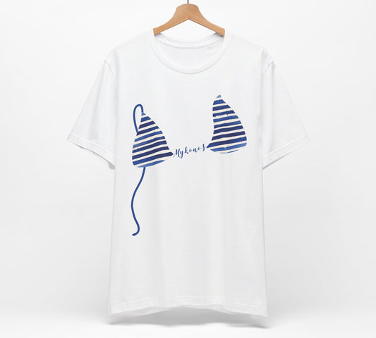 Bikini Top T-Shirt, Blue Nautical Stripes, Custom Personalization