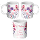 Three sides of white floral mug with text and personalized name 