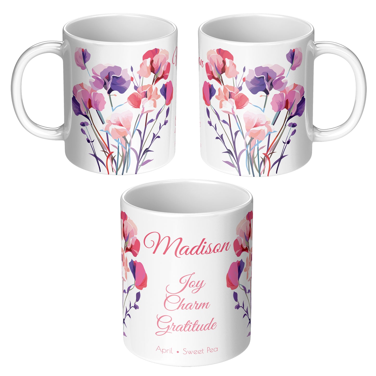 Three sides of white floral mug with text and personalized name 