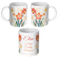 Three sides of white floral birth month flower mug with text and personalized name 