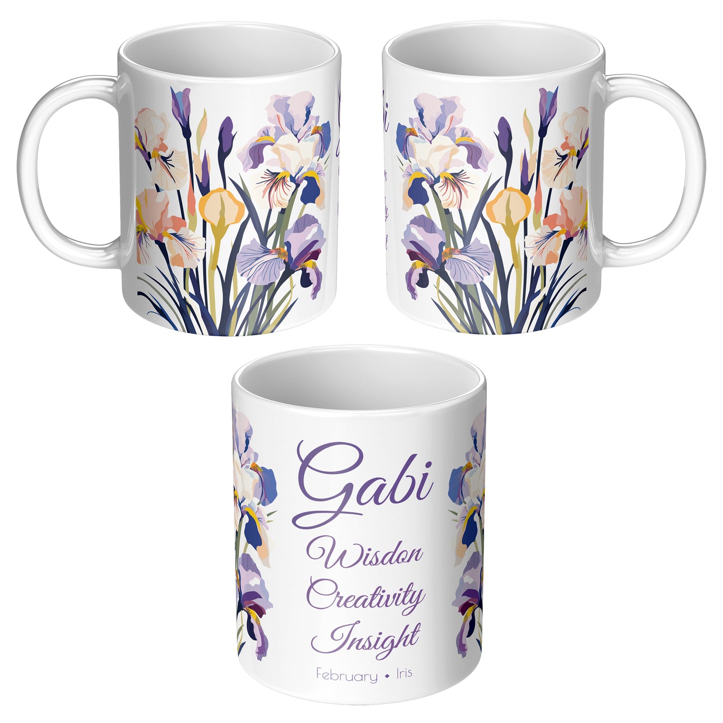 three white mugs showing all sides of printed floral designs and personalized text on a white background