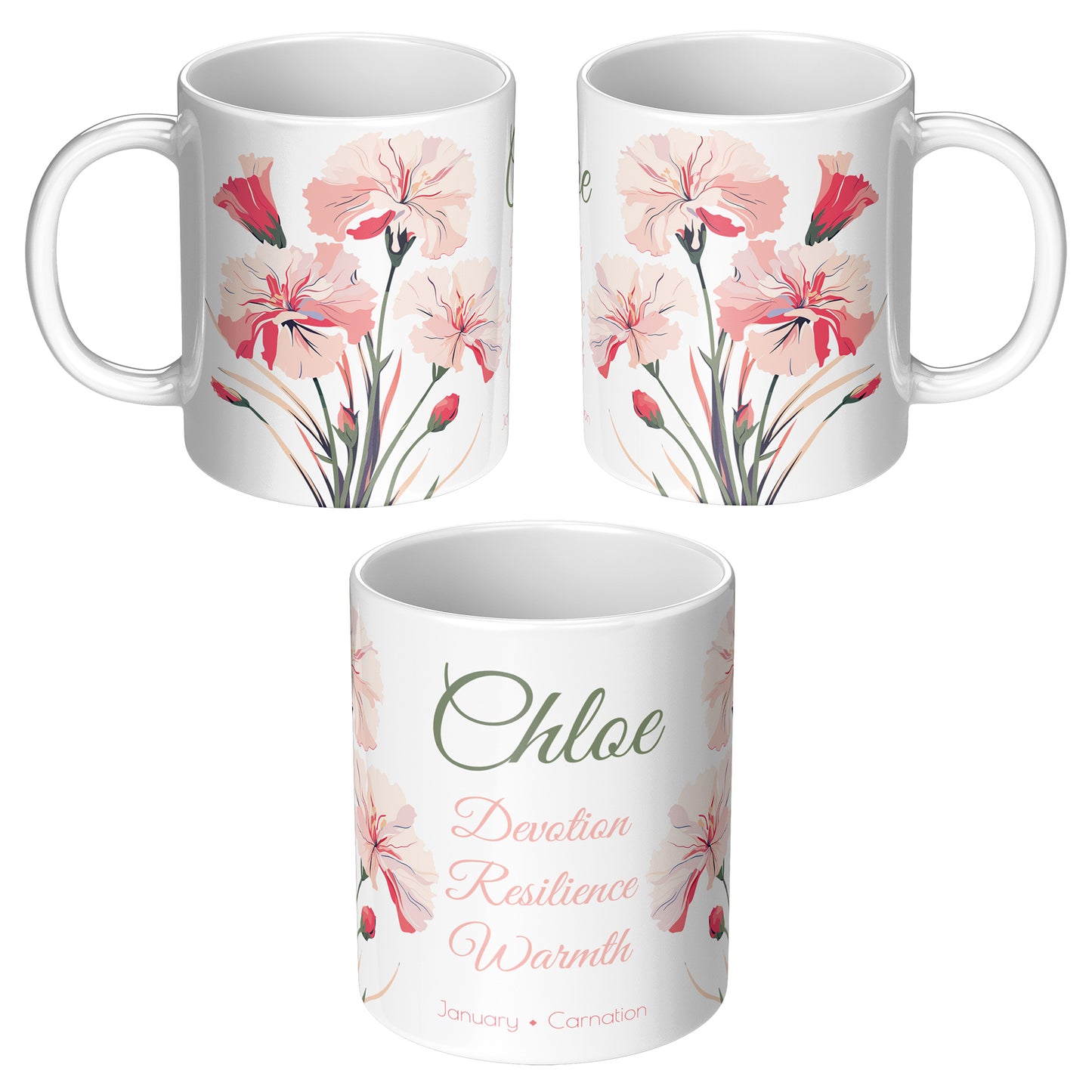 Three different sides  of a white  mugs with floral designs and custom text on a white background