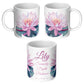Three sides of white floral mug with text and personalized name 