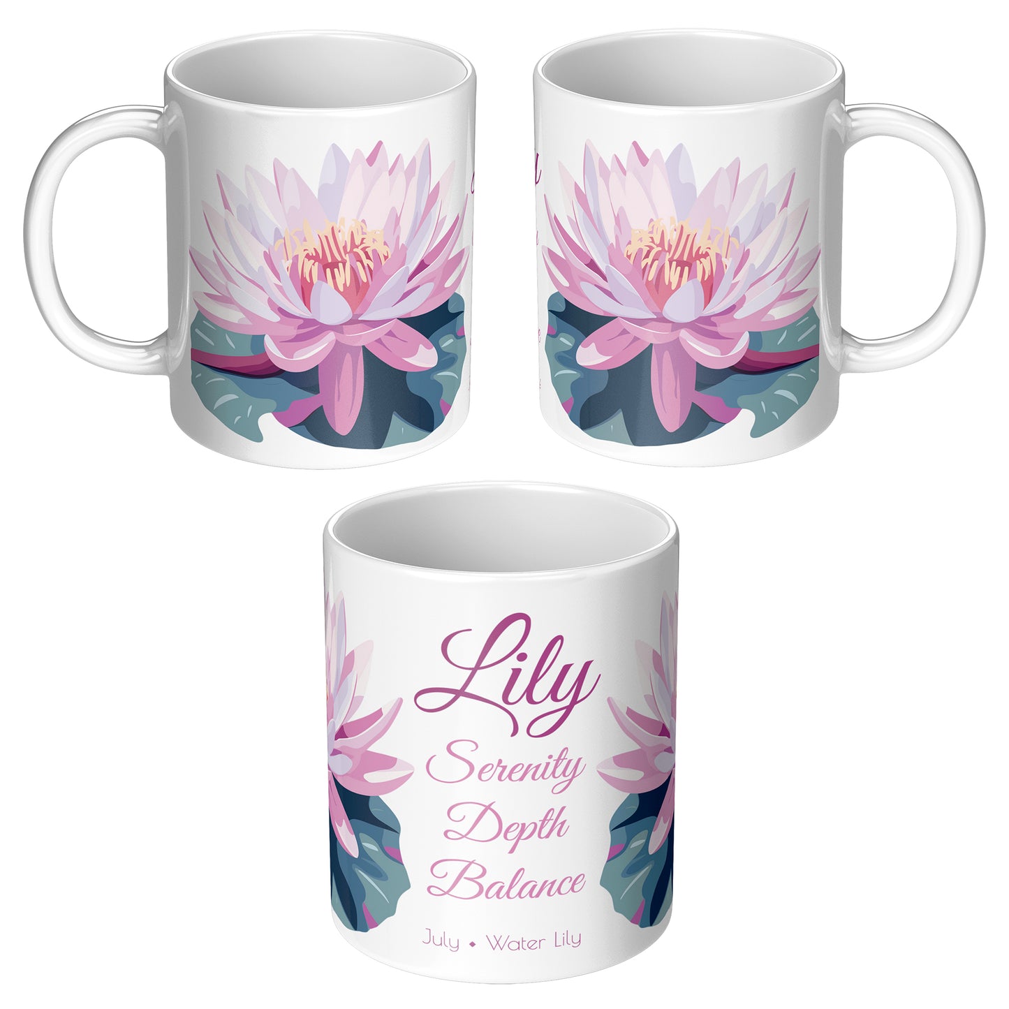 Three sides of white floral mug with text and personalized name 