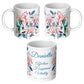 Three sides of white floral mug with text and personalized name 