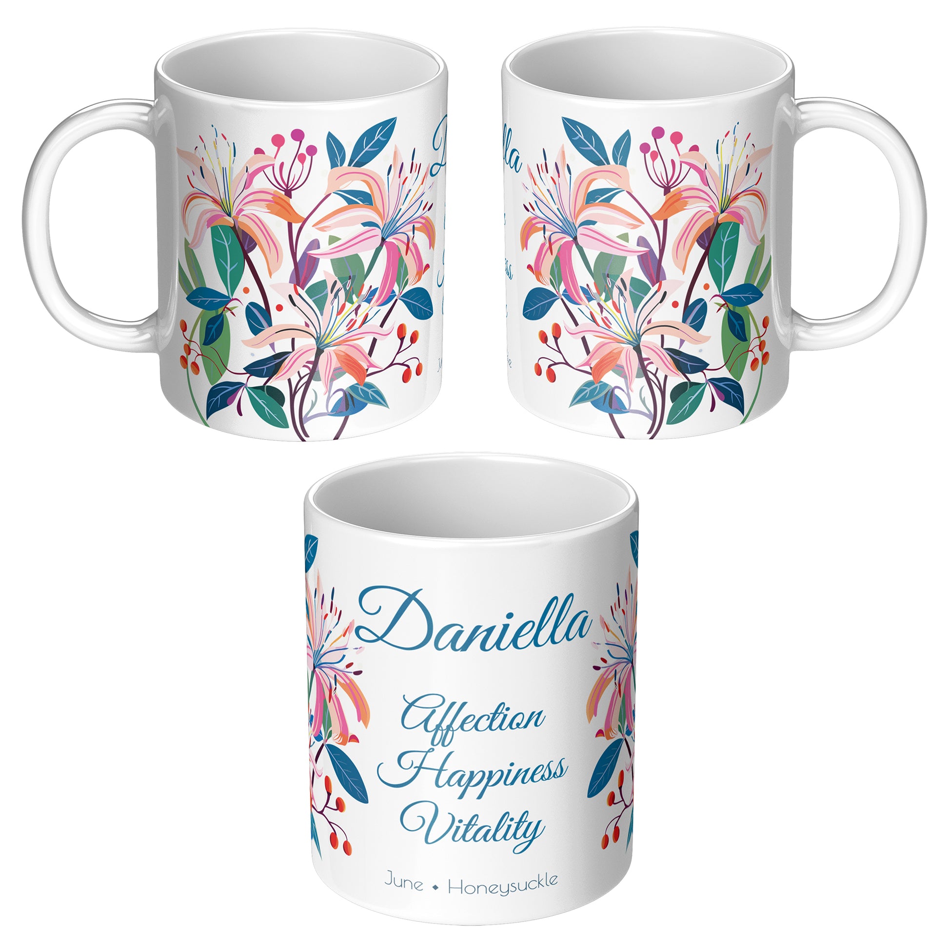 Three sides of white floral mug with text and personalized name 