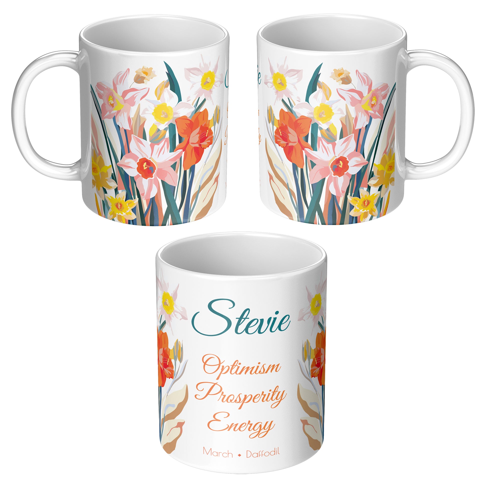 Three sides of white floral mug with text and personalized name 