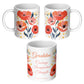 Three sides of white floral mug with text and personalized name 