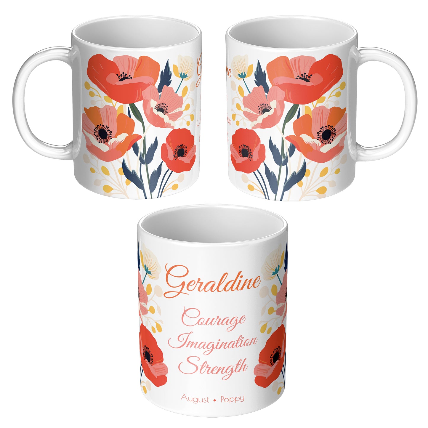 Three sides of white floral mug with text and personalized name 