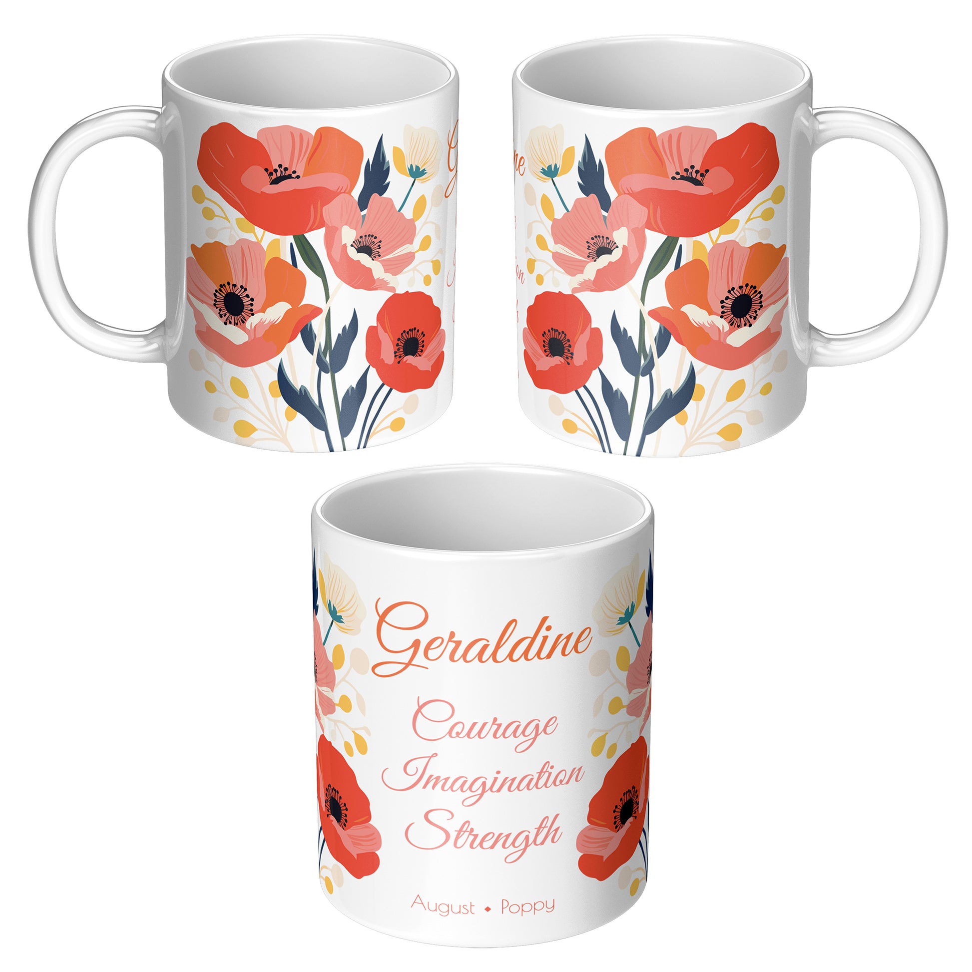 Three sides of white floral mug with text and personalized name 