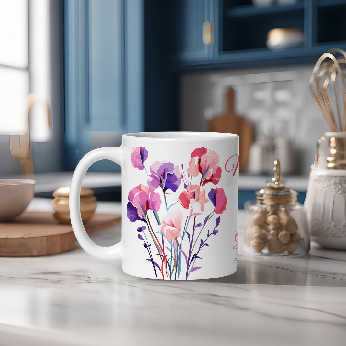 Personalized Birth Month Flower Mug, April - Sweet Pea