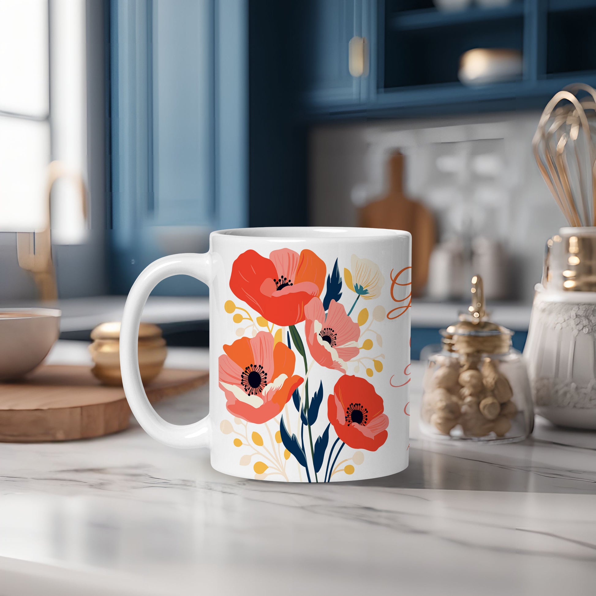 White mug with floral design on a kitchen counter