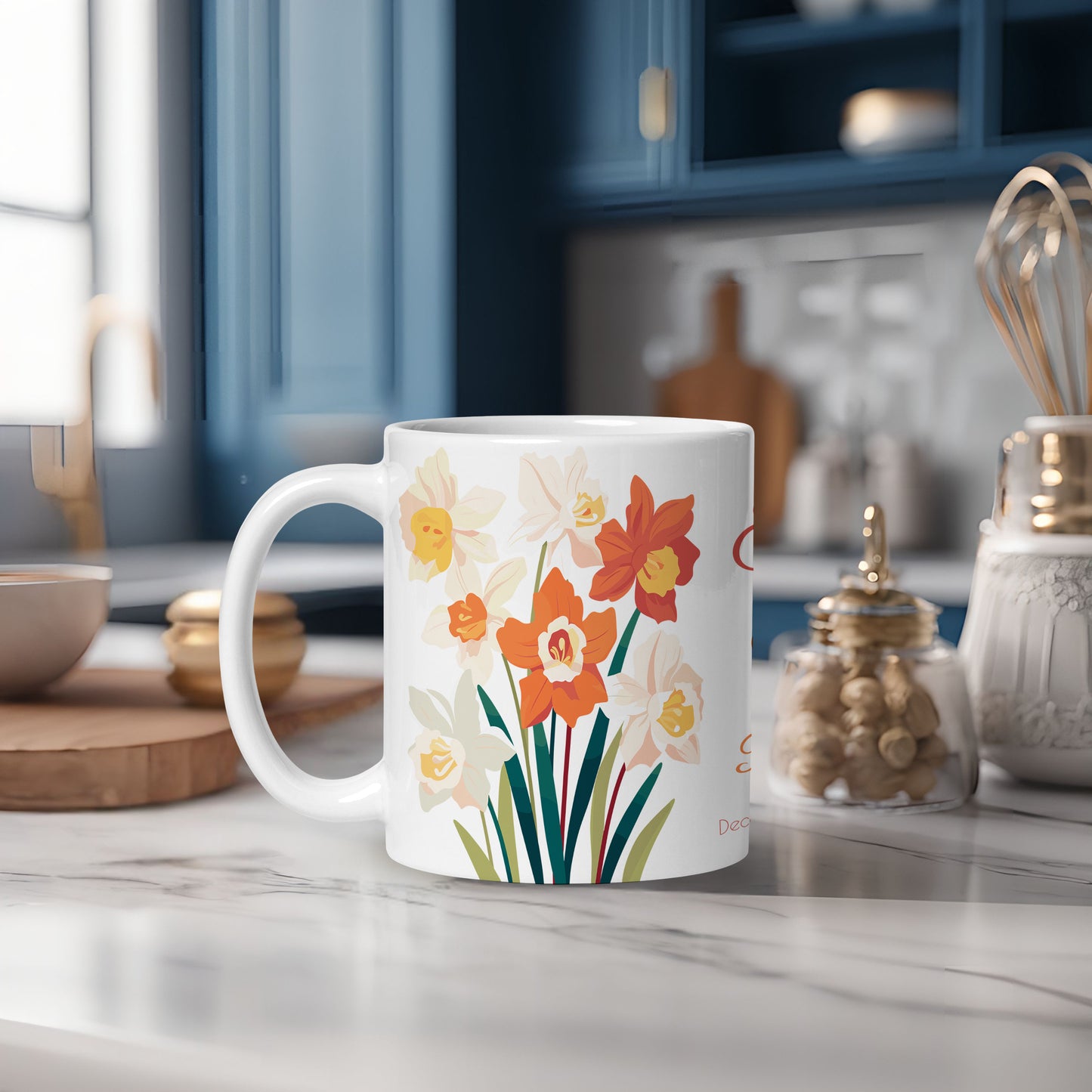 White mug with birth month floral design on a kitchen counter