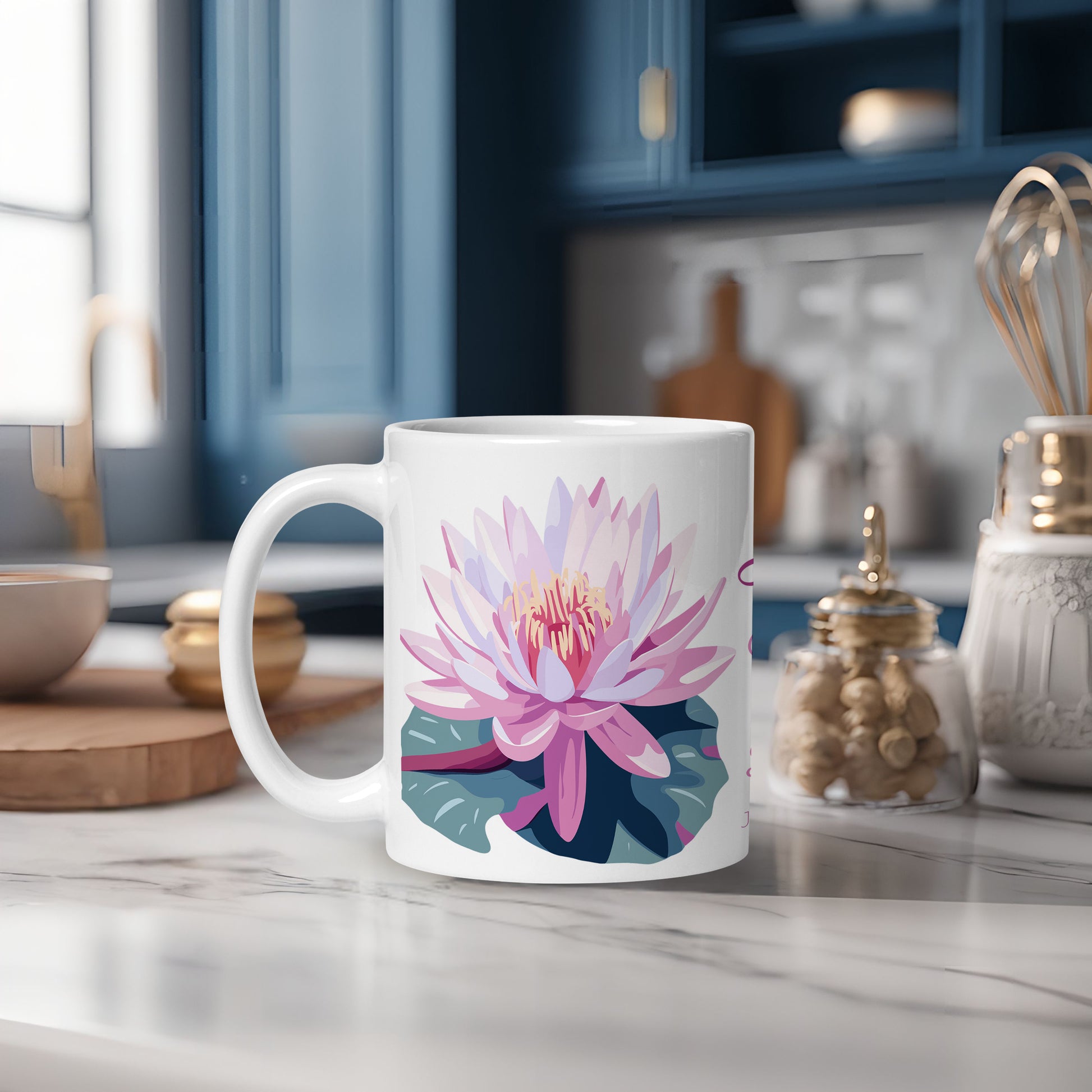 birth month flower mug on kitchen counter