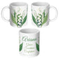 Three sides of white floral mug with text and personalized name 