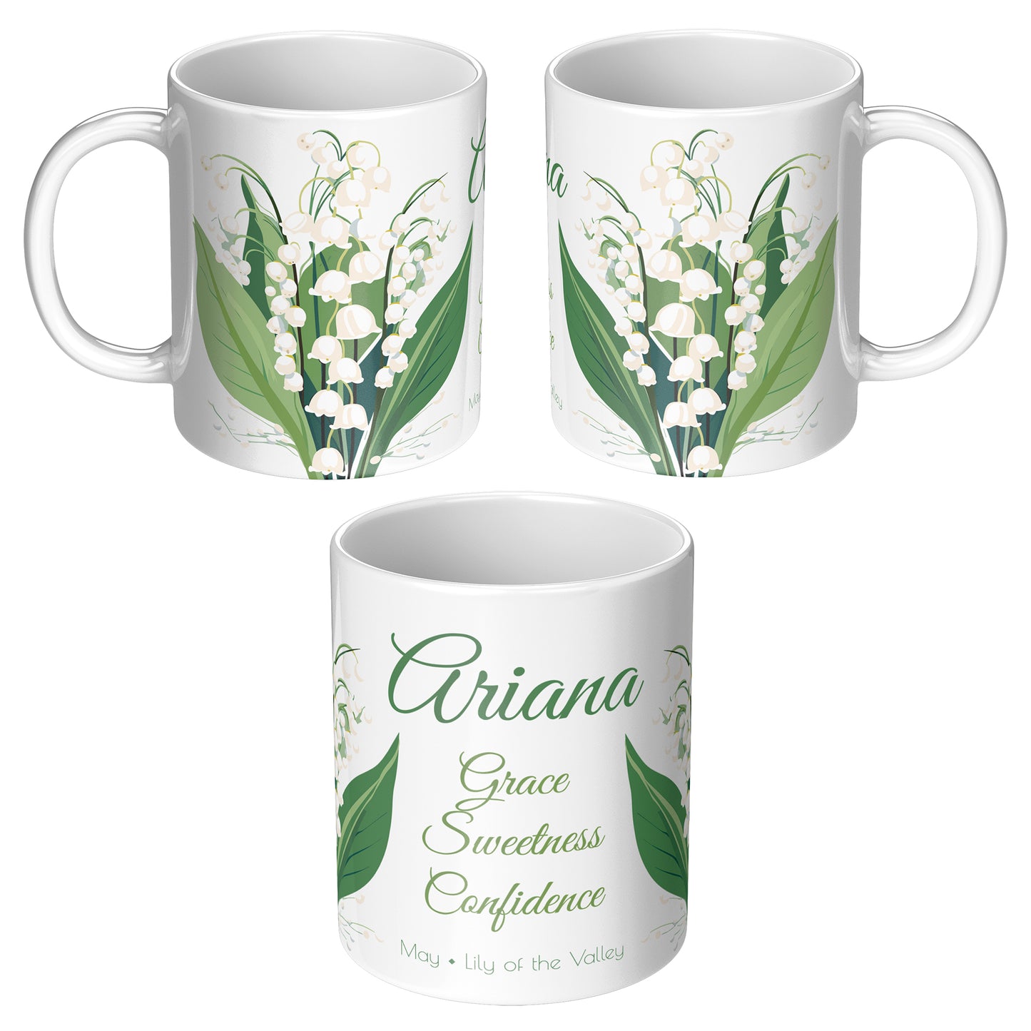 Three sides of white floral mug with text and personalized name 
