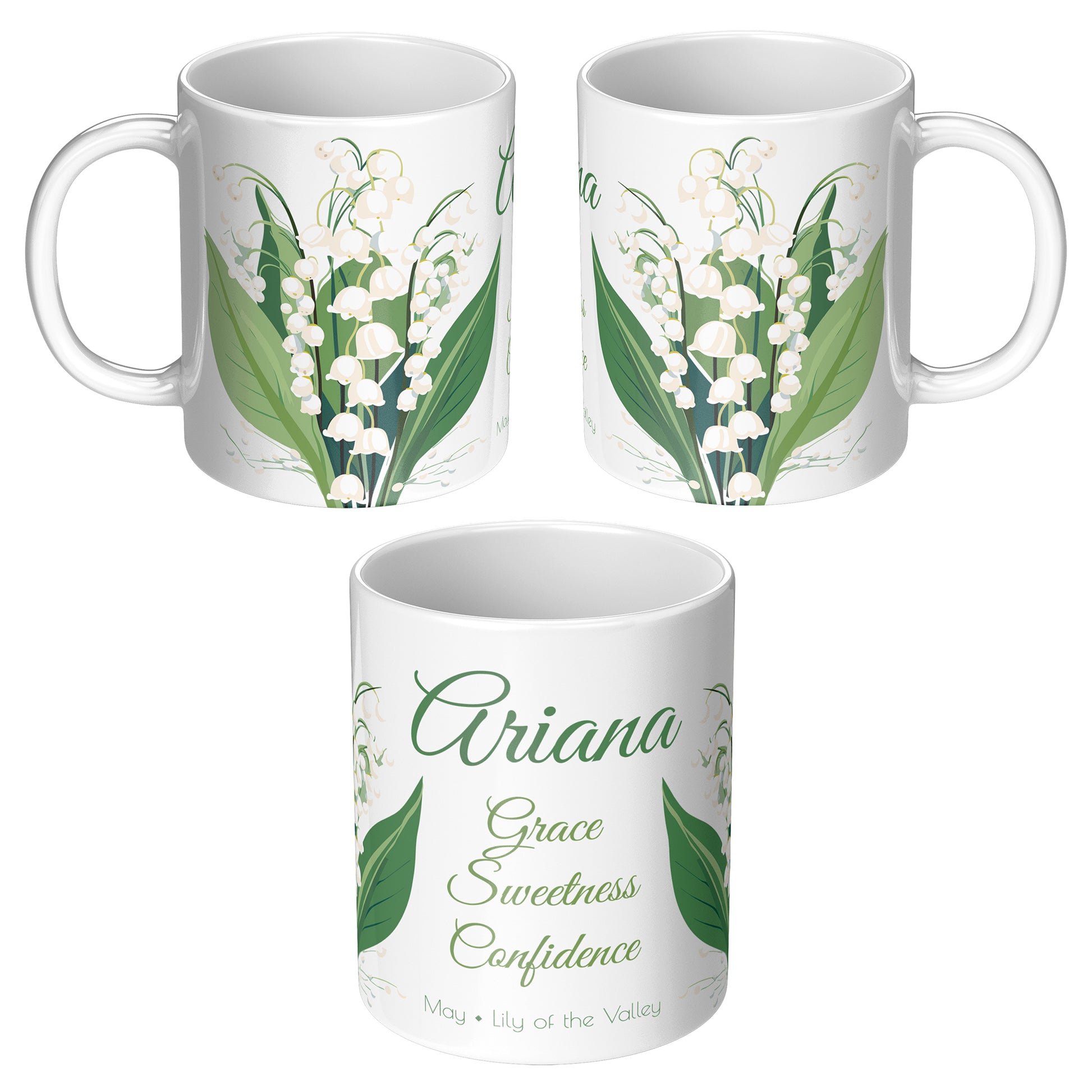 Three sides of white floral mug with text and personalized name 