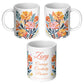 Three sides of white floral birth month flower mug with text and personalized name 