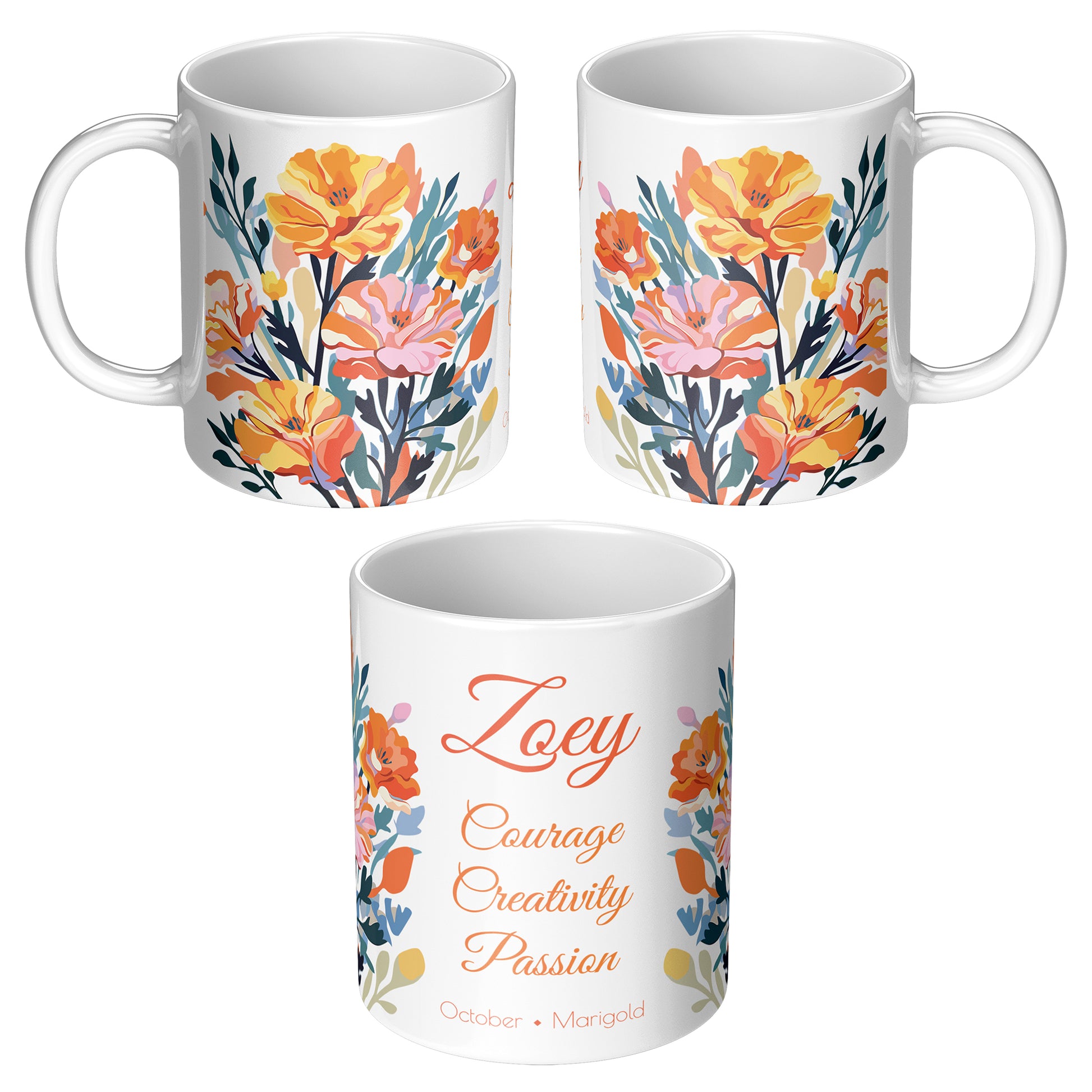 Three sides of white floral birth month flower mug with text and personalized name 