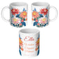 Three sides of white floral mug with text and personalized name 
