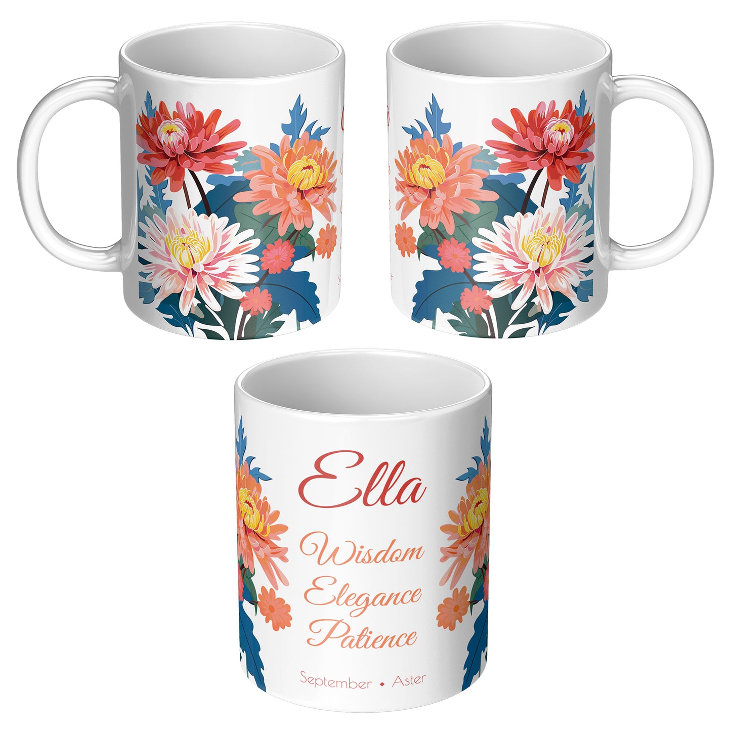 Three sides of white floral mug with text and personalized name 