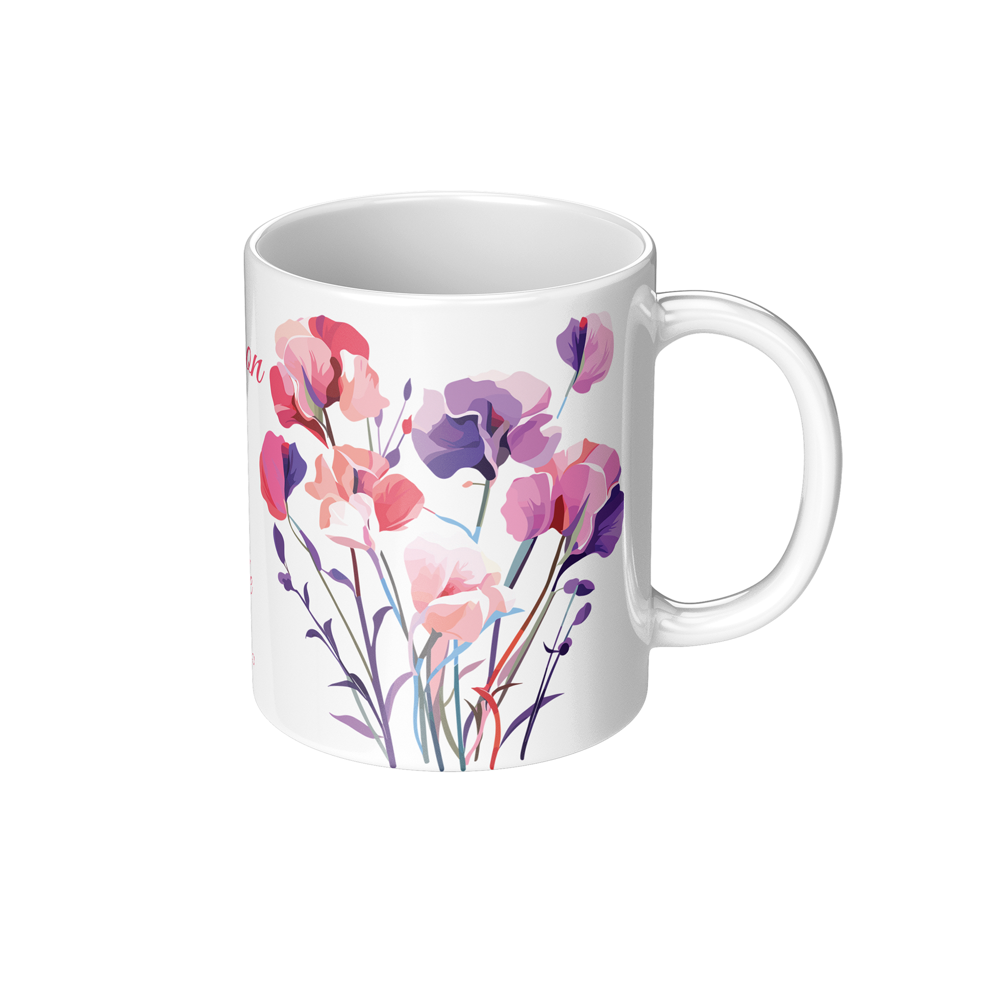 White coffee mug with sweet pea floral design on a white background
