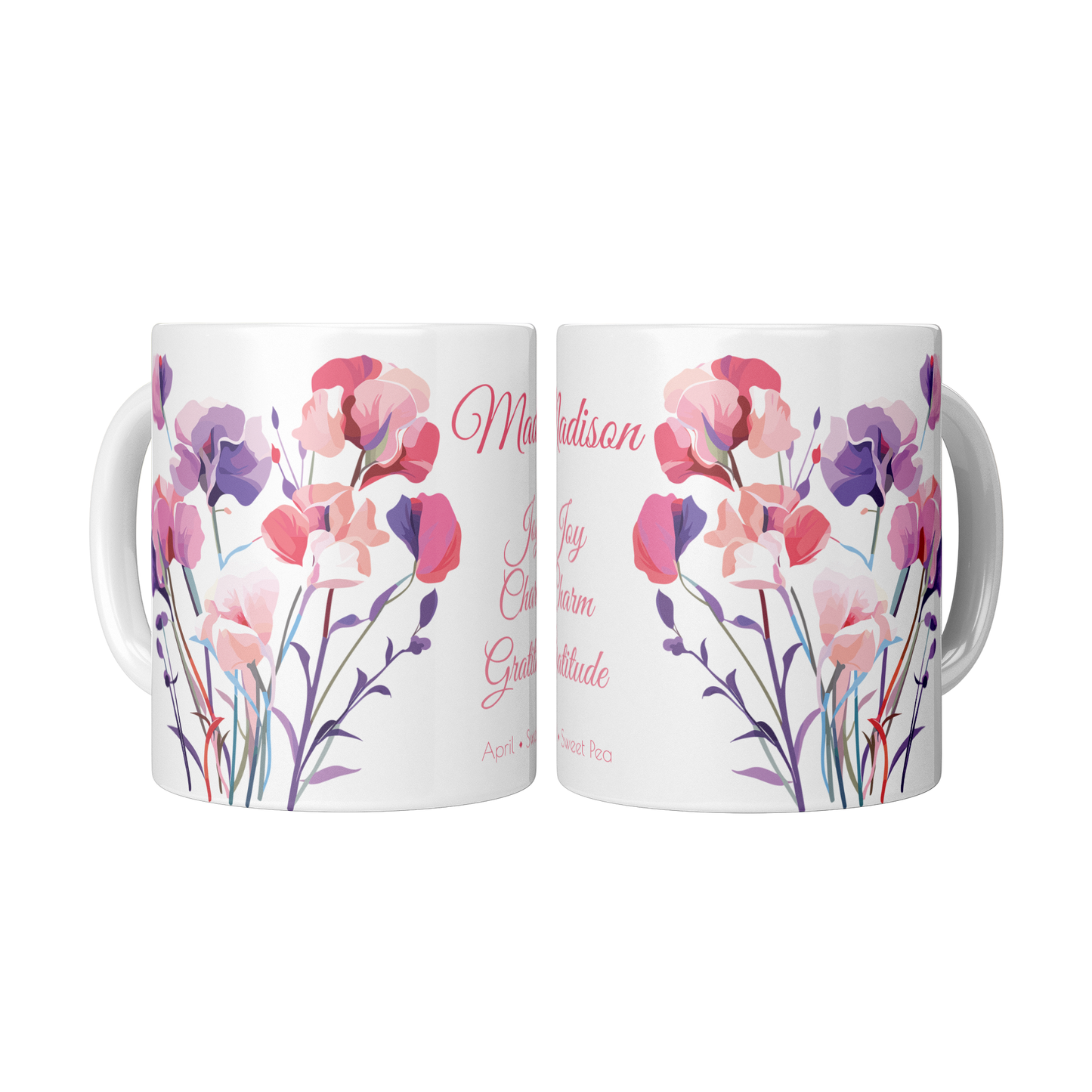 Personalized Birth Month Flower Mug, April - Sweet Pea