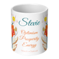White mug with floral design and text on a white background