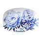 Blue peony flower print on white oval serving platter personalized with custom name 