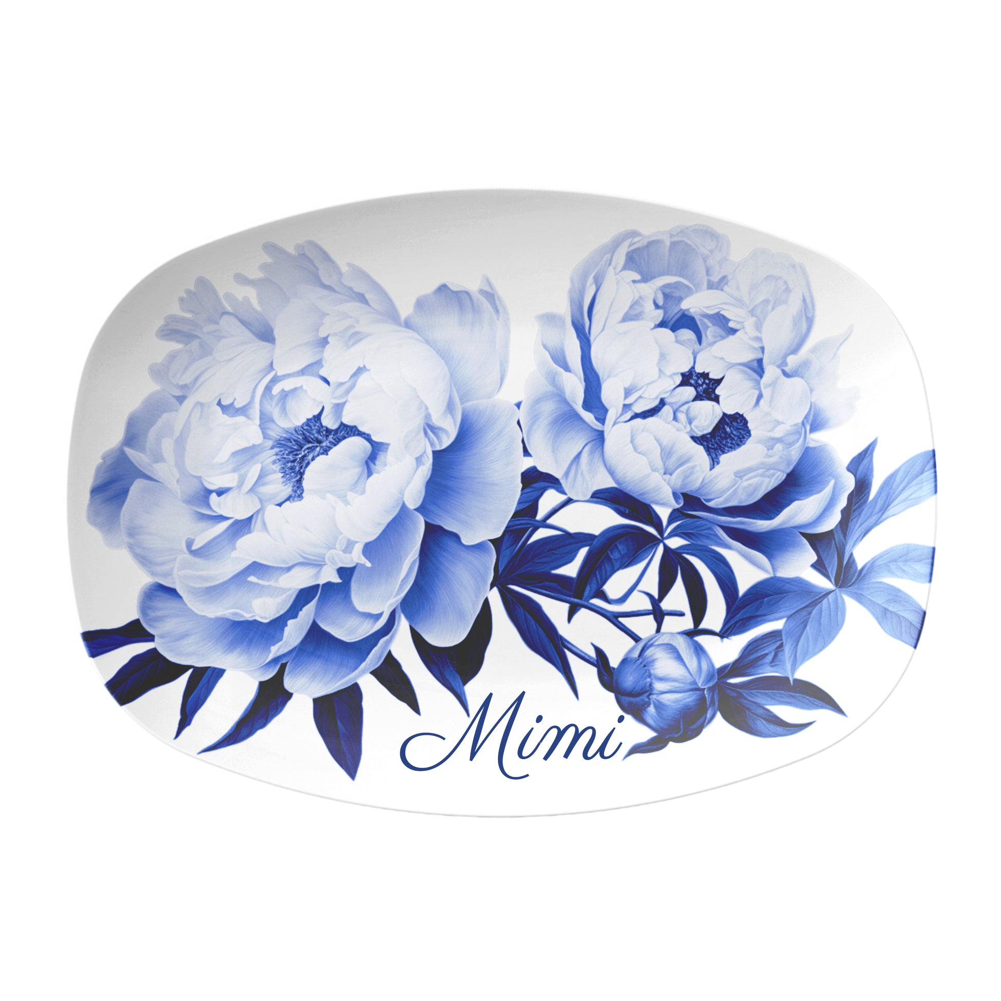 Blue peony print on white oval serving platter personalized with custom name 