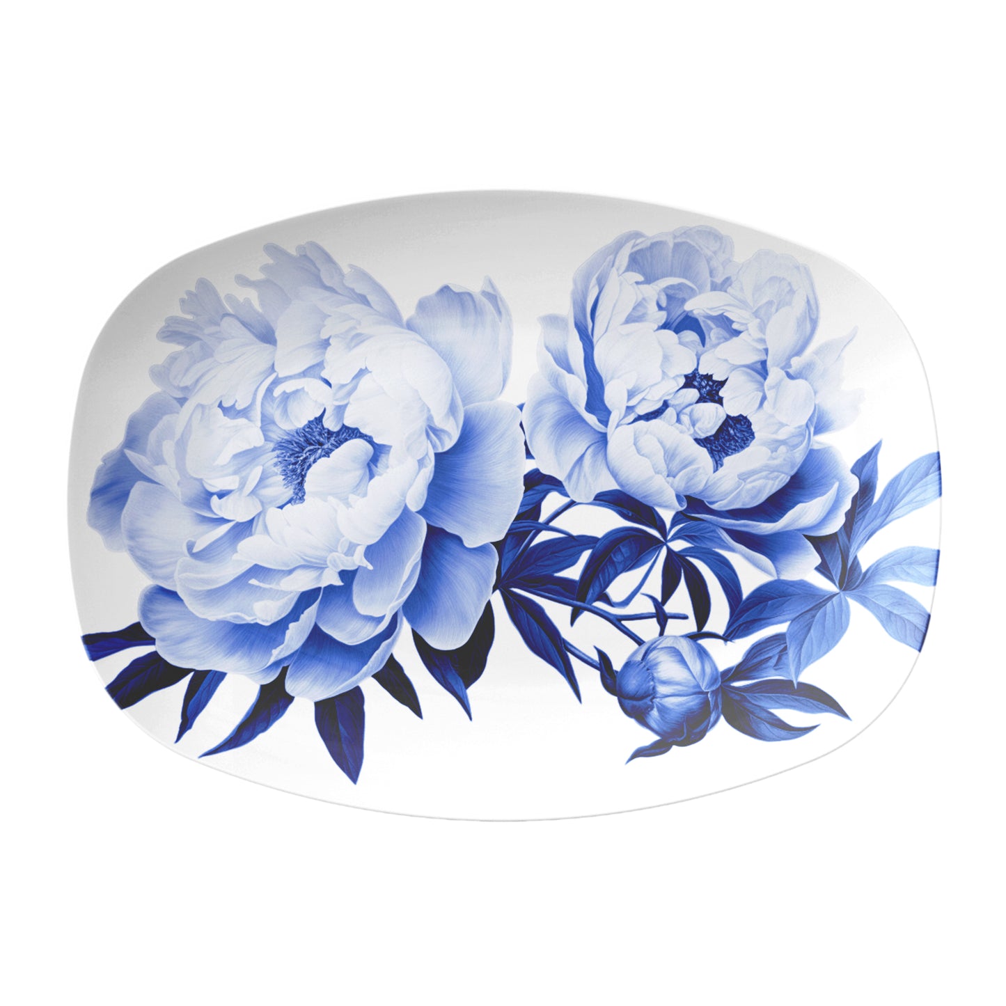 Blue peonies botanical serving platter features oversized blossoms print on white