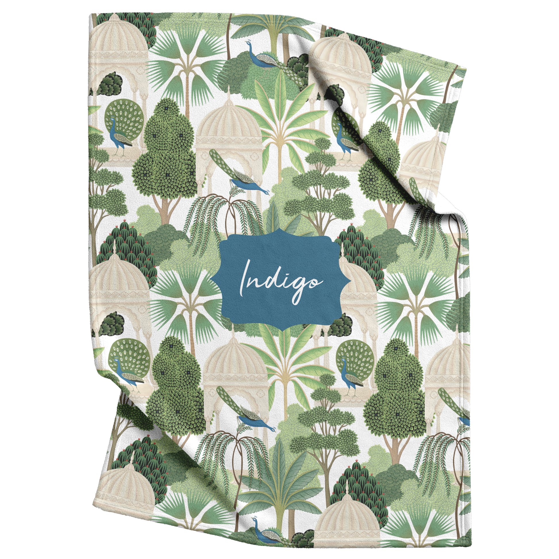 Pet blanket with tropical trees and peacocks with personalized text in the center.