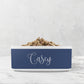 Navy Blue personalized pet bowl in white ceramic