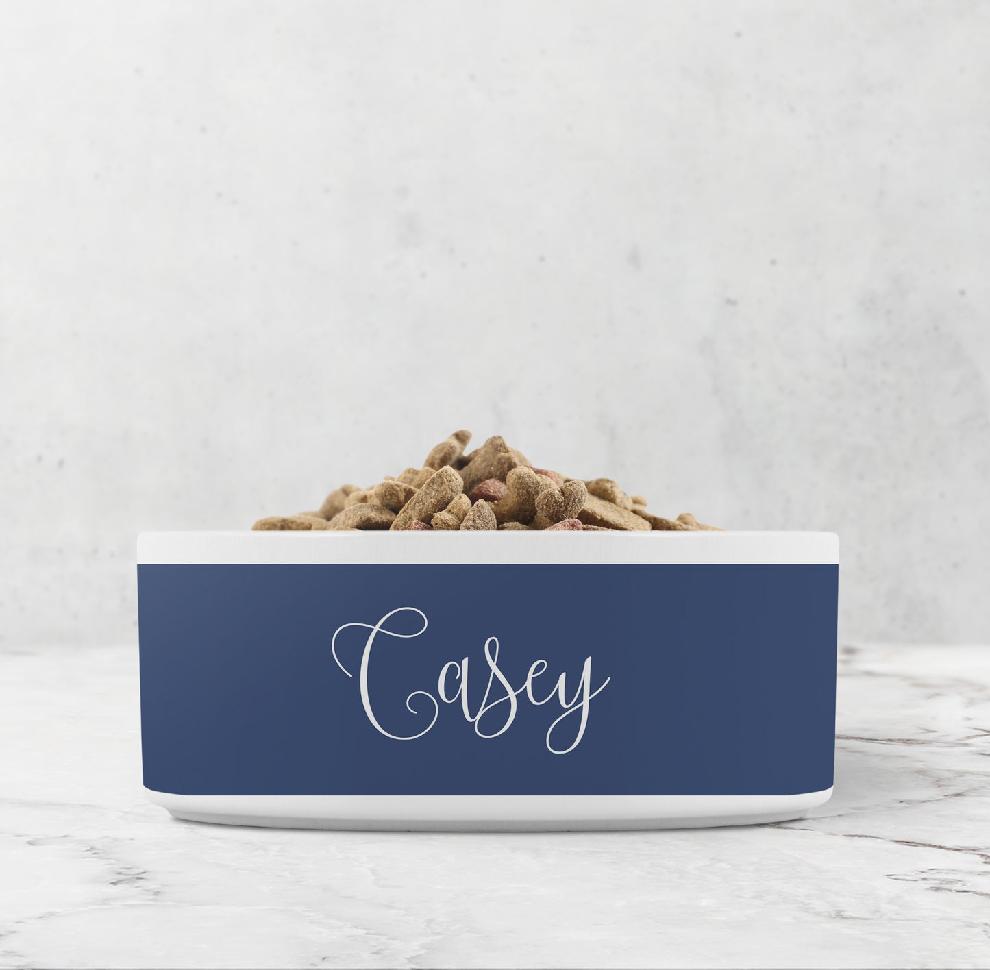 Navy Blue personalized pet bowl in white ceramic