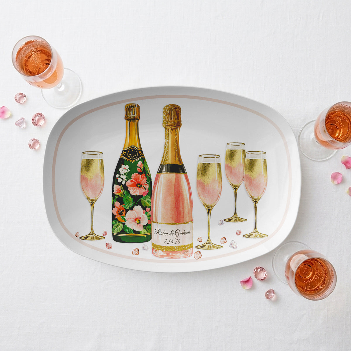 Personalized Champagne Celebration Serving Platter with Custom Champagne Bottle Label, Luxury Plastic