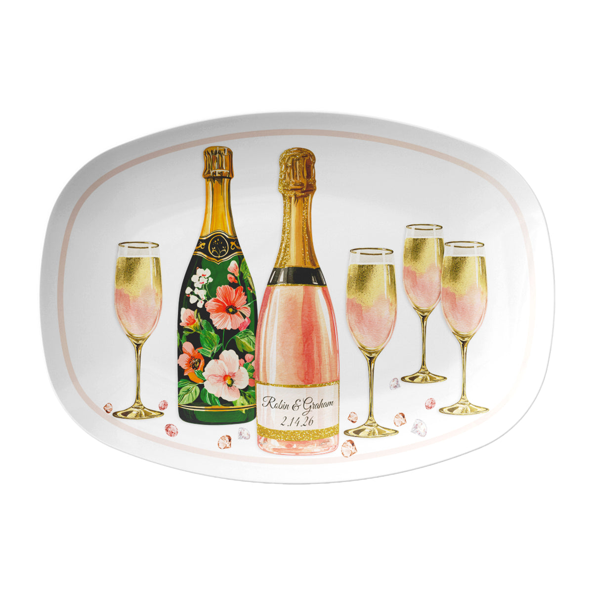 White oval serving platter featuring elegant champagne bottles, gold-accented champagne flutes, and shimmering loose gemstones scattered throughout, creating a beautiful touch of sparkle and sophistication. Customize the main champagne bottle label with names, a date, or your own special message.