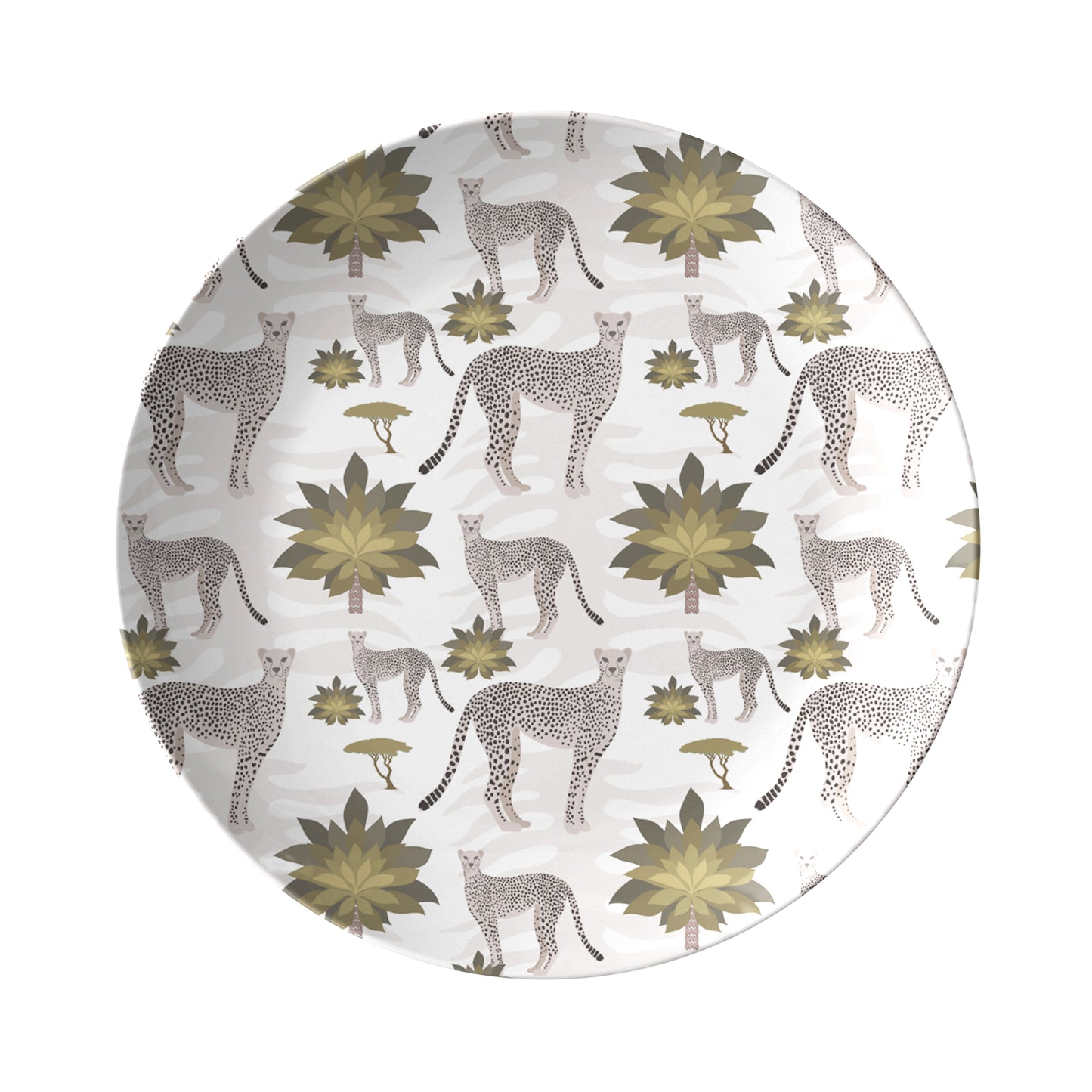 African Safari Print Plates feature cheetahs and palm trees, brown white beige