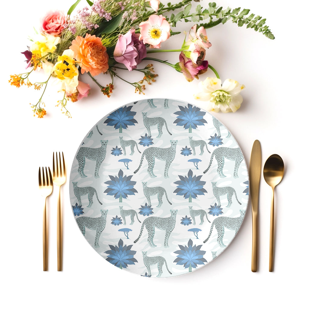 Safari Chic Dinner Plates with Cheetahs and Palm Trees by Alyssa Reuven